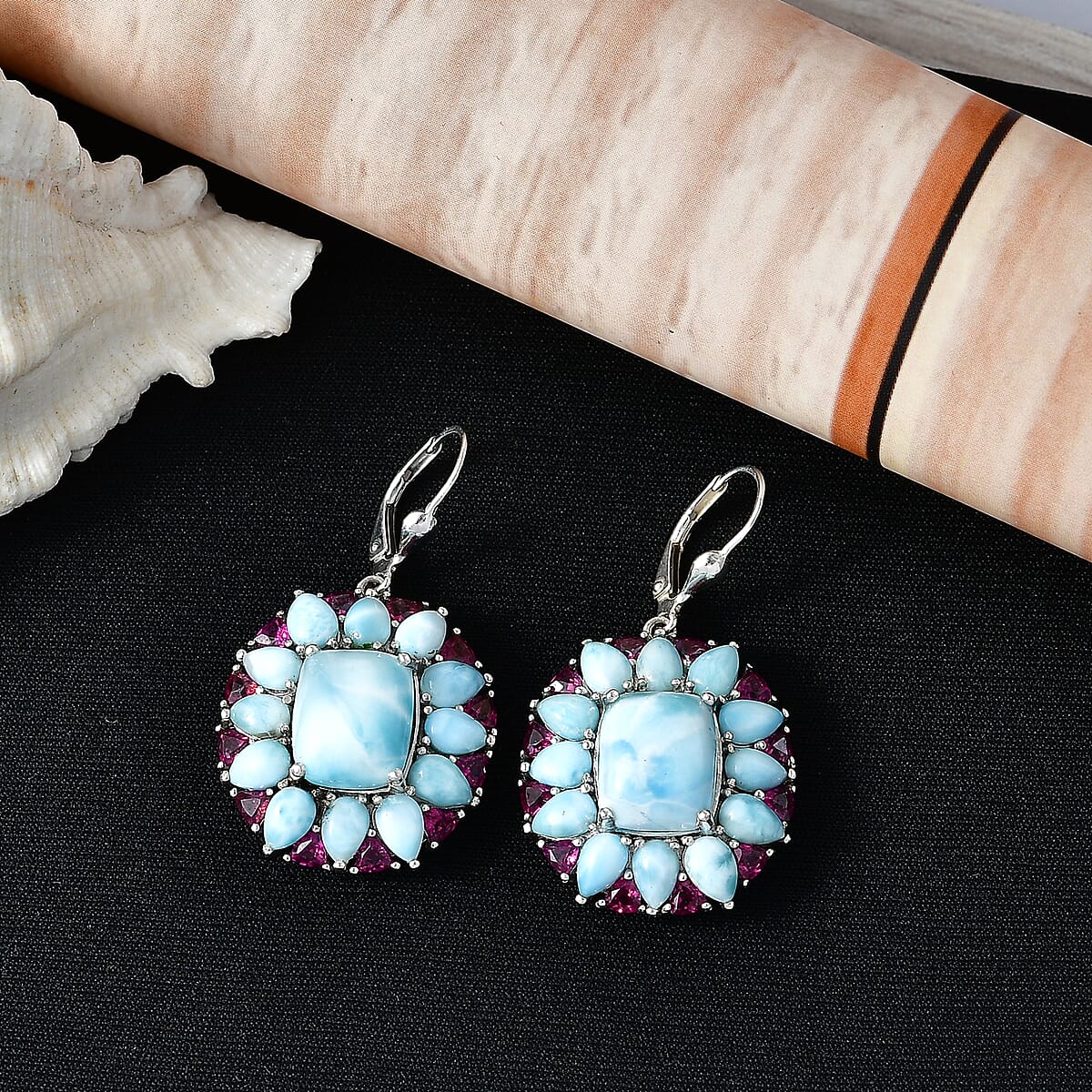 D'Joy Larimar and Orissa Rhodolite Garnet 28.65 ctw Ocean Ripple Halo Earrings in Rhodium Over Sterling Silver image number 1