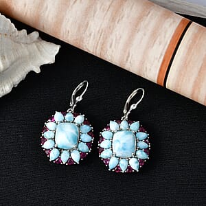 D'Joy Larimar and Orissa Rhodolite Garnet 28.65 ctw Ocean Ripple Halo Earrings in Rhodium Over Sterling Silver