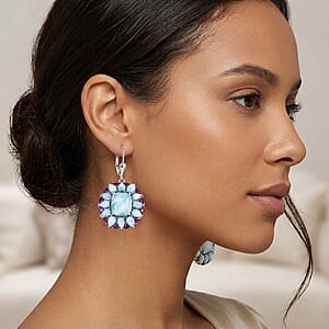 D'Joy Larimar and Orissa Rhodolite Garnet 28.65 ctw Ocean Ripple Halo Earrings in Rhodium Over Sterling Silver