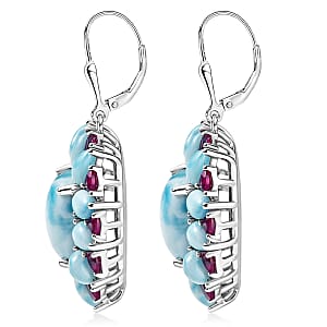 D'Joy Larimar and Orissa Rhodolite Garnet 28.65 ctw Ocean Ripple Halo Earrings in Rhodium Over Sterling Silver