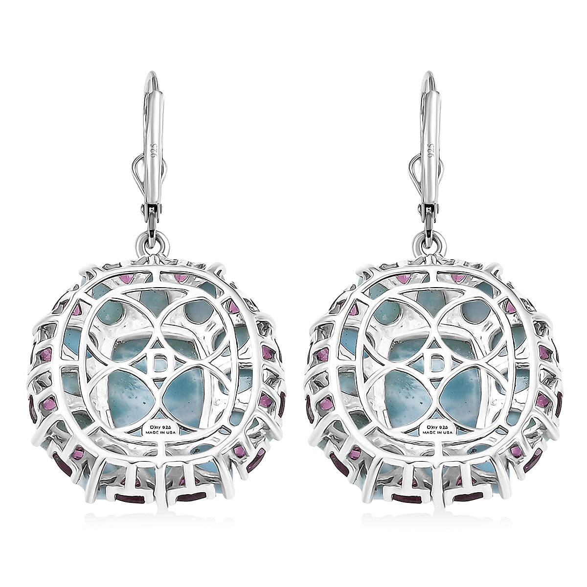 D'Joy Larimar and Orissa Rhodolite Garnet 28.65 ctw Ocean Ripple Halo Earrings in Rhodium Over Sterling Silver image number 4