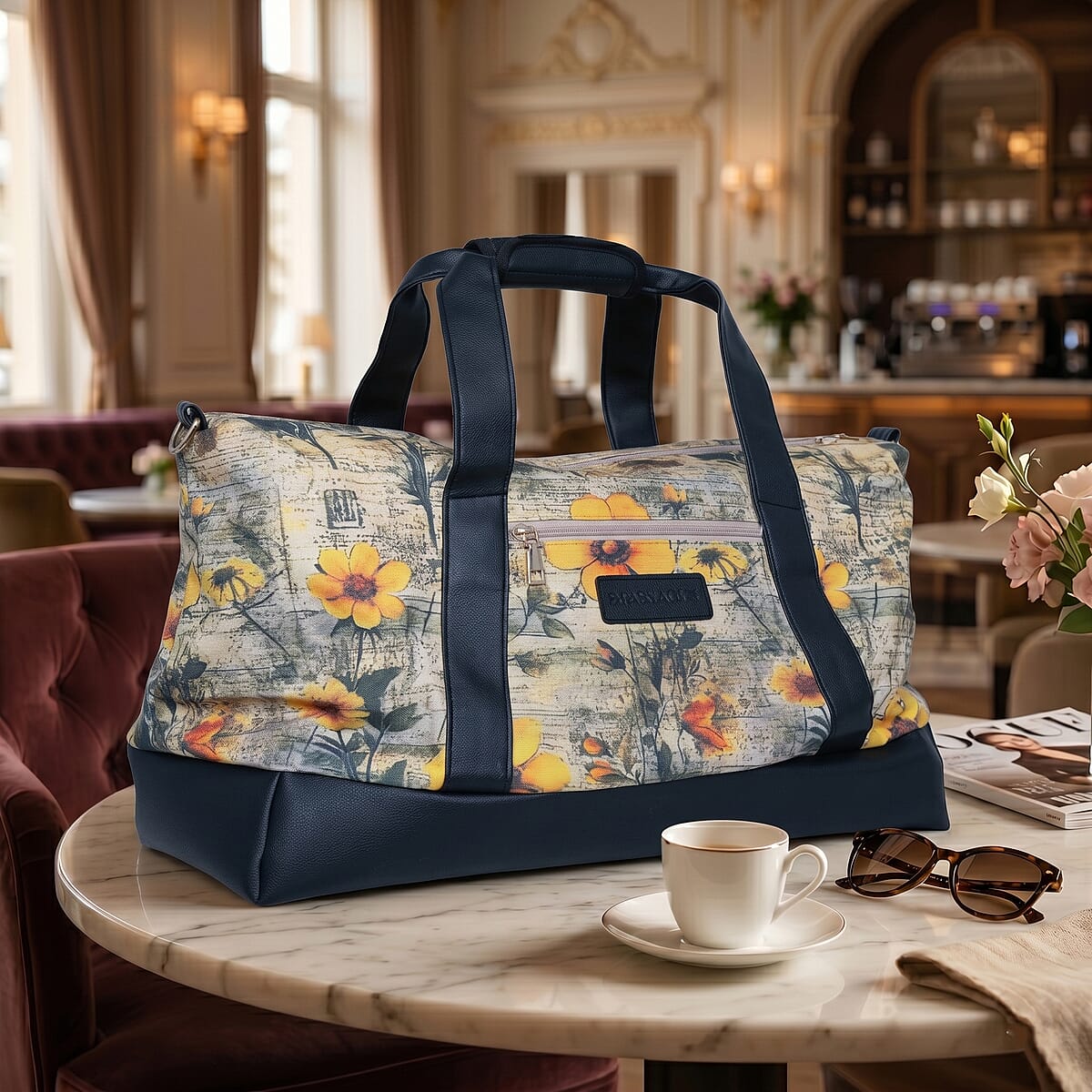 Passage Multi Color Botanical Print 60% Polyester, 10% Cotton, 30% Faux Leather Travel Duffel Bag image number 1