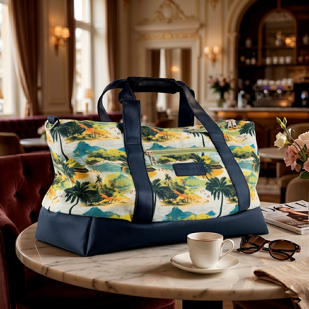 Passage Multi Color Tropical Landscape Print 60% Polyester, 10% Cotton, 30% Faux Leather Travel Duffel Bag image number 1