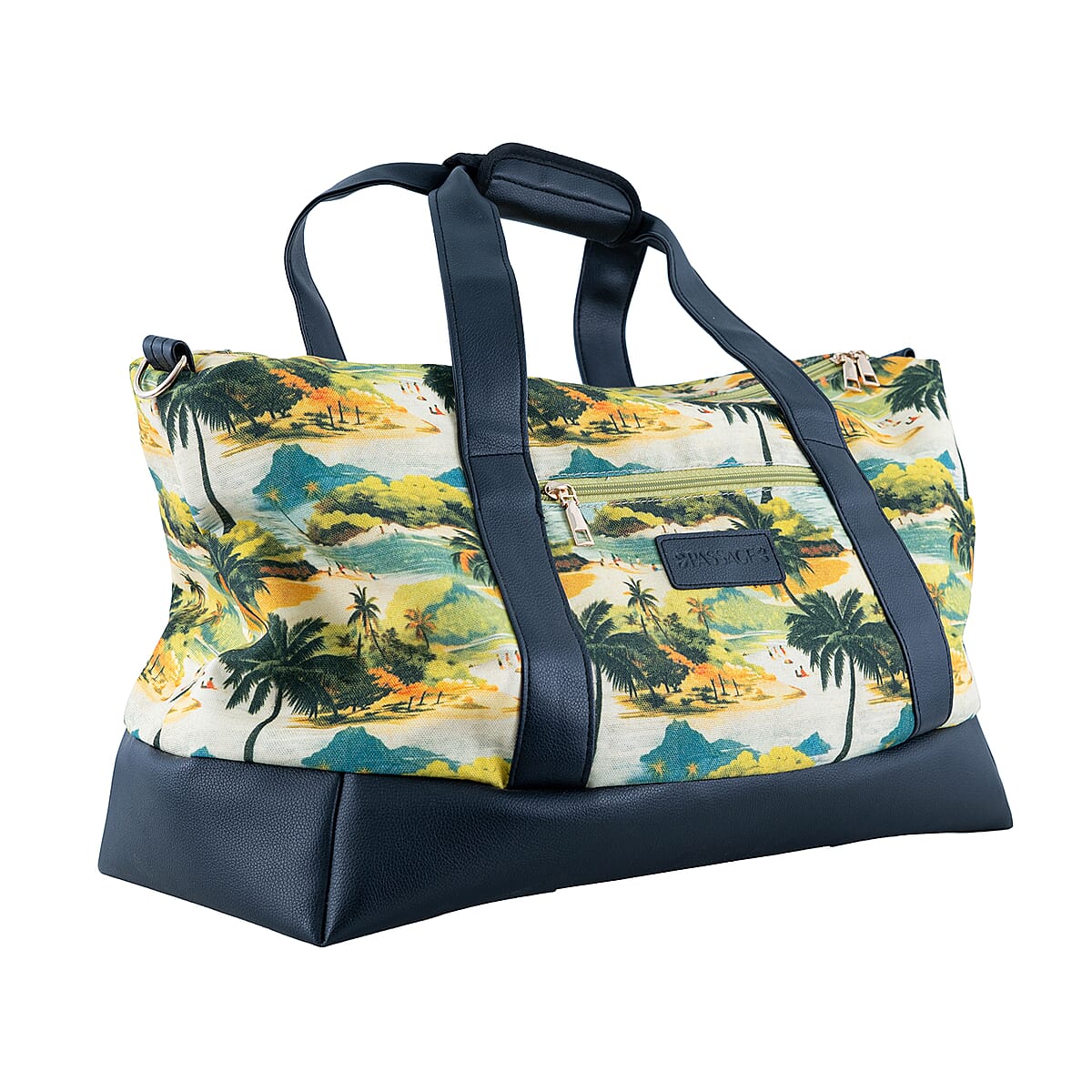 Passage Multi Color Tropical Landscape Print 60% Polyester, 10% Cotton, 30% Faux Leather Travel Duffel Bag image number 3