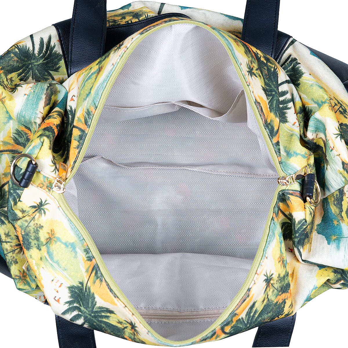 Passage Multi Color Tropical Landscape Print 60% Polyester, 10% Cotton, 30% Faux Leather Travel Duffel Bag image number 7