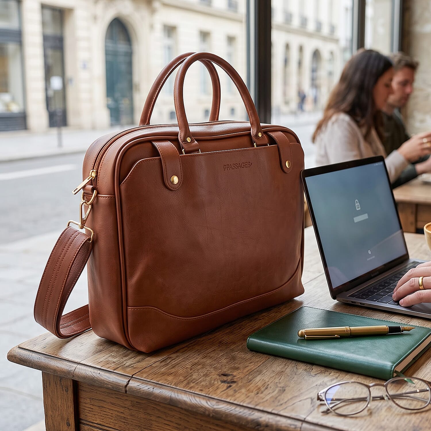 Passage Cognac Faux Leather Soft Briefcase Bag