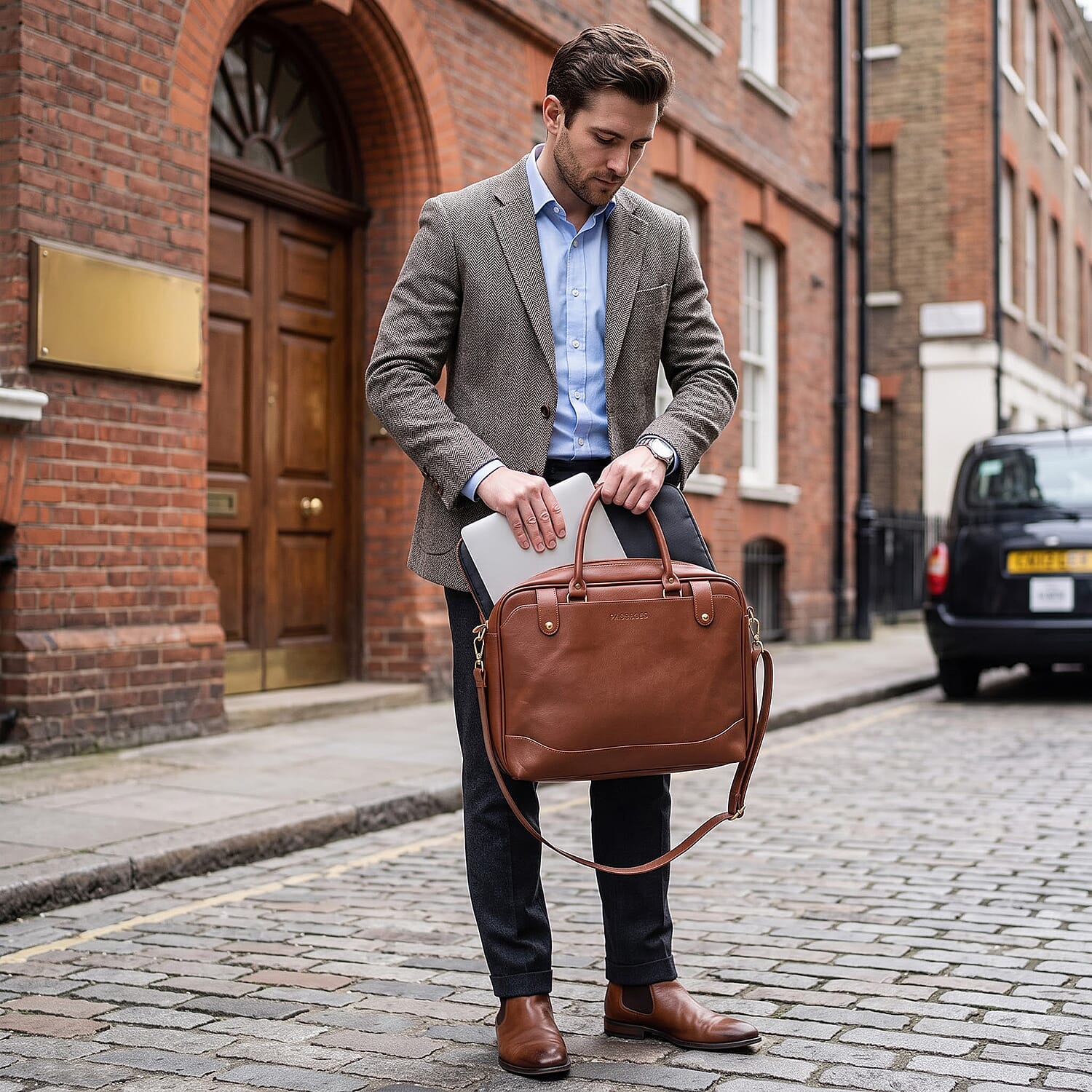 Passage Cognac Faux Leather Soft Briefcase Bag