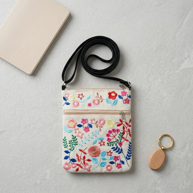 Cream Embroidery Floral Pattern Mini Shoulder Bag