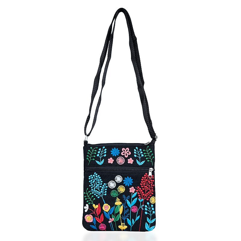 Black Embroidery Floral Pattern Mini Shoulder Bag