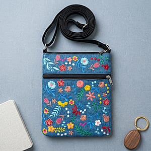 Dark Blue Embroidery Floral Pattern Mini Shoulder Bag
