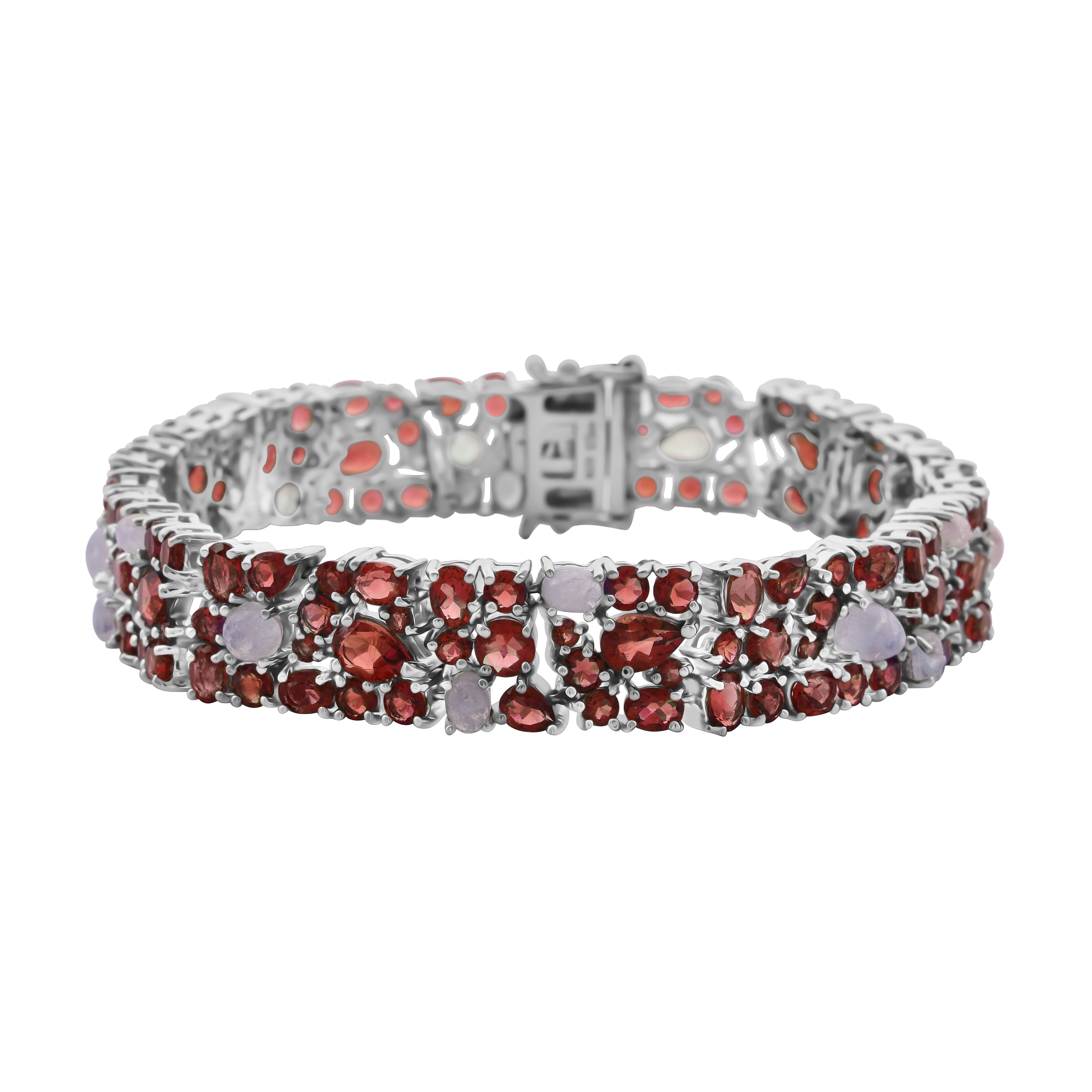 Mozambique Garnet and Moon Glow Moonstone 28.25 ctw Celestial Bloom Bracelet in Rhodium Over Sterling Silver (8.00 In)