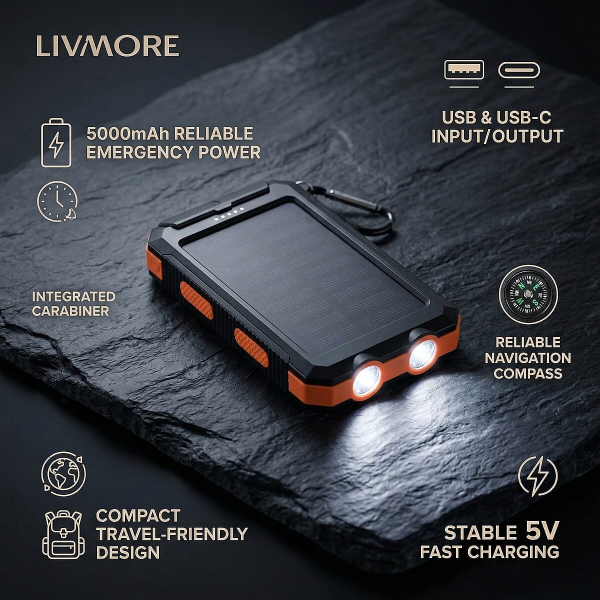 Livmore Orange 5000mAh Solar Power Bank with Flashlight image number 3