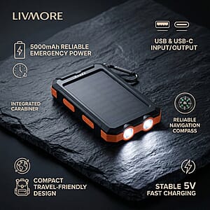 Livmore Orange 5000mAh Solar Power Bank with Flashlight