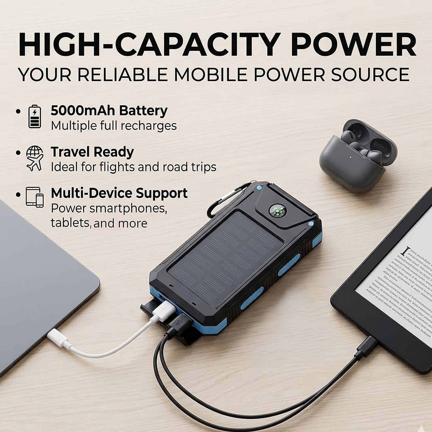 Livmore Orange 5000mAh Solar Power Bank with Flashlight