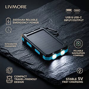 Livmore Blue 5000mAh Solar Power Bank with Flashlight
