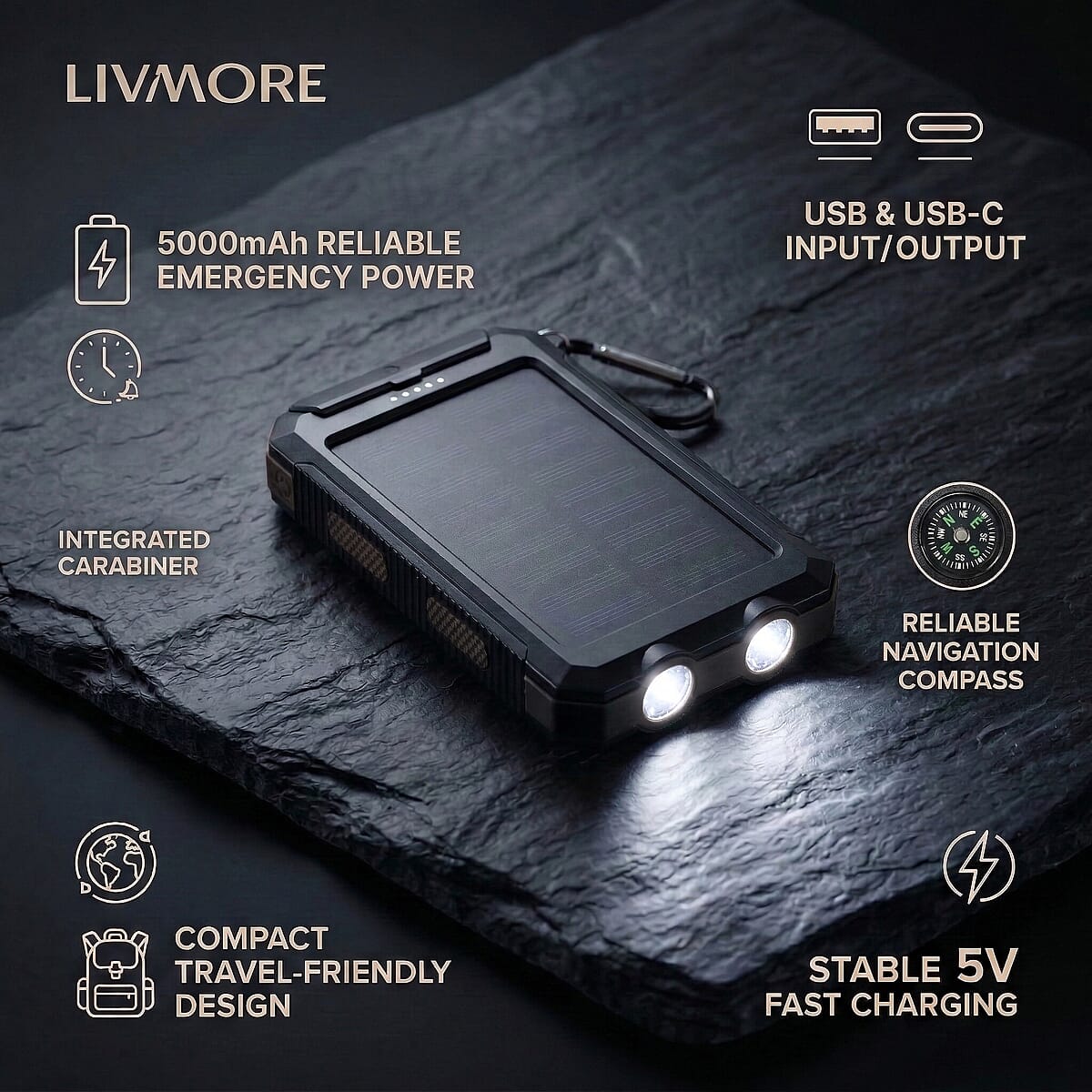  Livmore Black 5000mAh Solar Power Bank with Flashlight image number 3