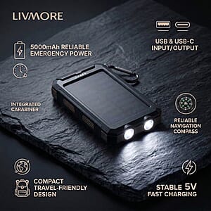Livmore Black 5000mAh Solar Power Bank with Flashlight