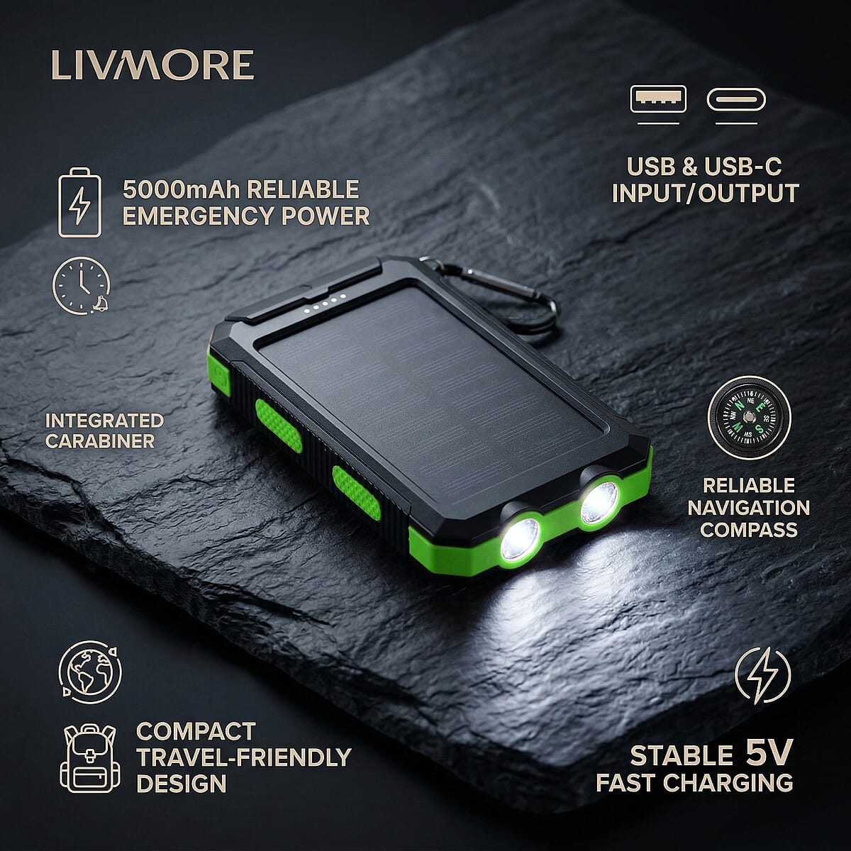  Livmore Green 5000mAh Solar Power Bank with Flashlight image number 3