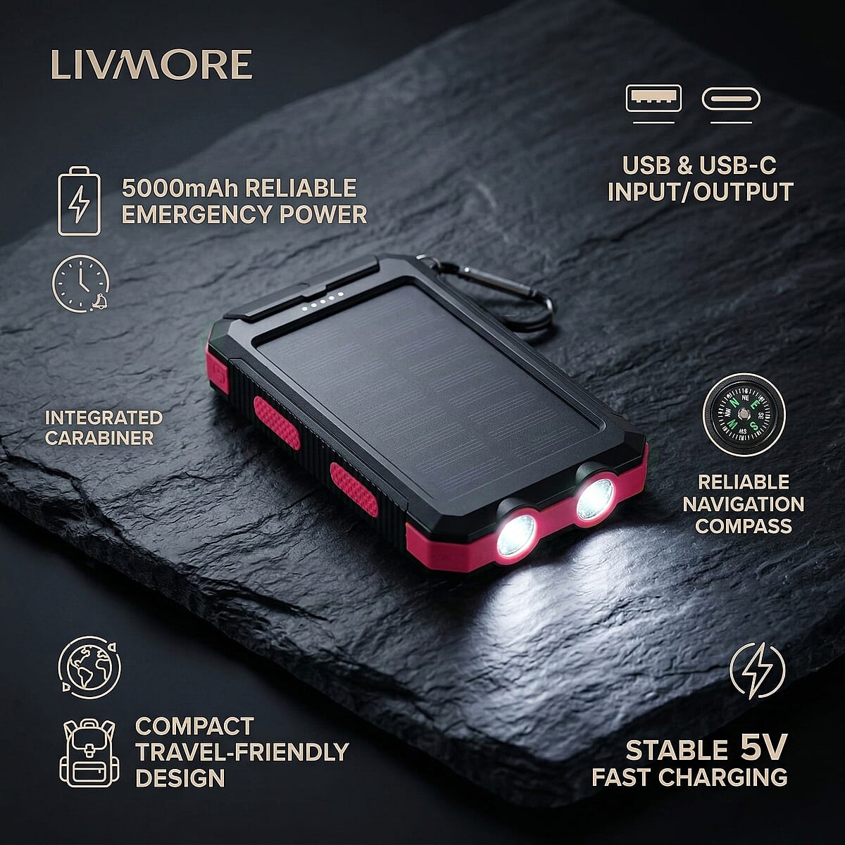 Livmore Rose Pink 5000mAh Solar Power Bank with Flashlight image number 3