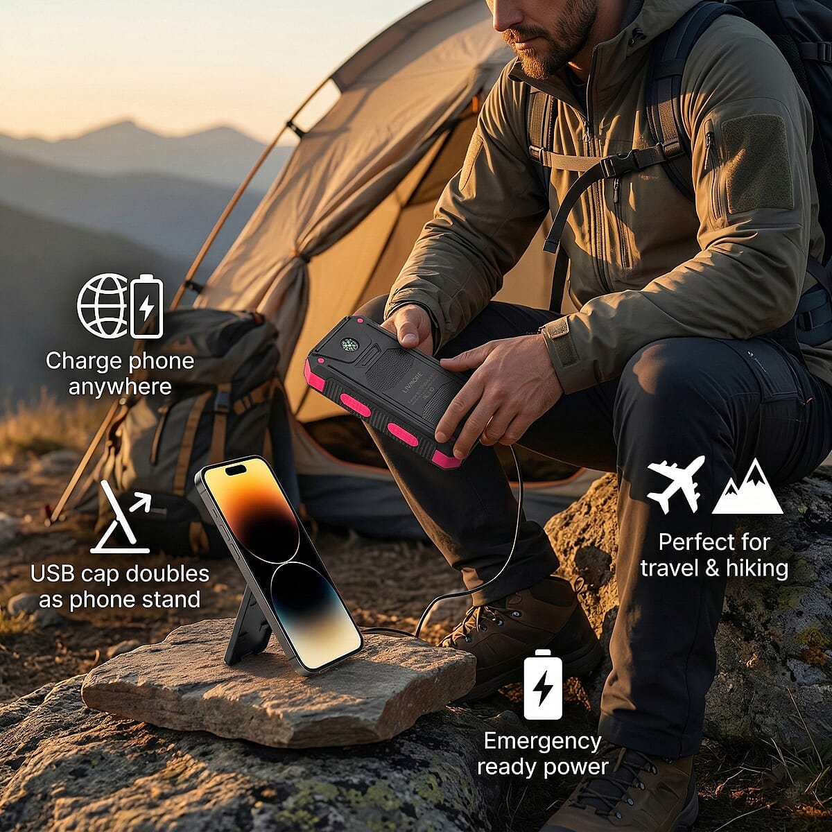 Livmore Rose Pink 5000mAh Solar Power Bank with Flashlight image number 4