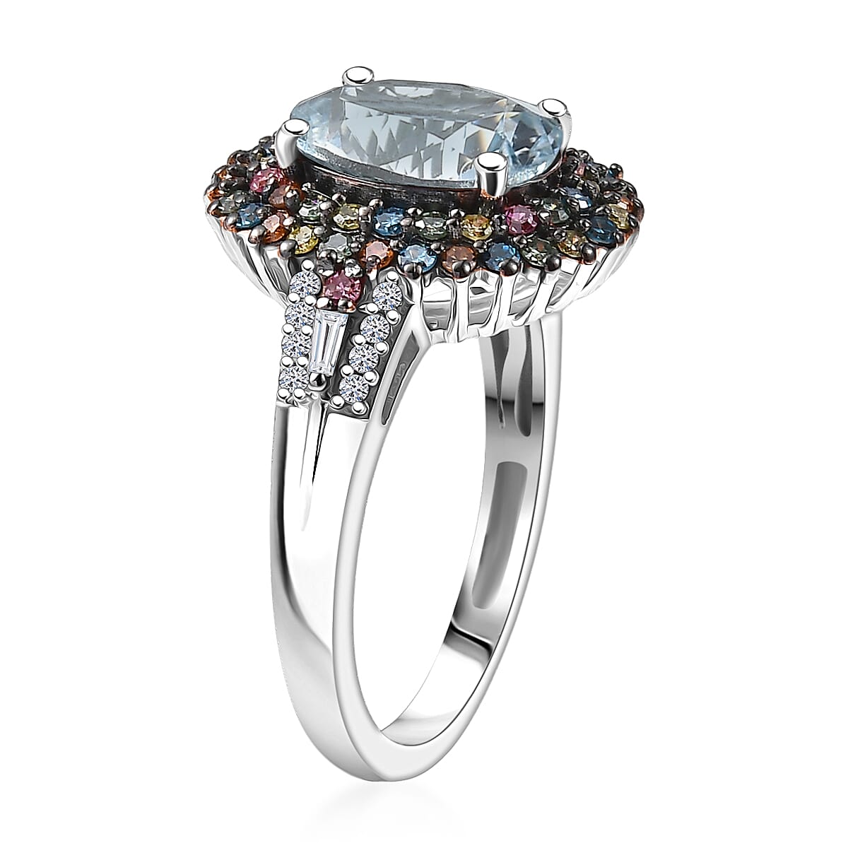 Premium Mangoro Aquamarine and Luxuriant Lab Grown Multi Diamond SI 2.75 ctw Floral Fiesta Ring in Rhodium Over Sterling Silver (Size 6.0) image number 3