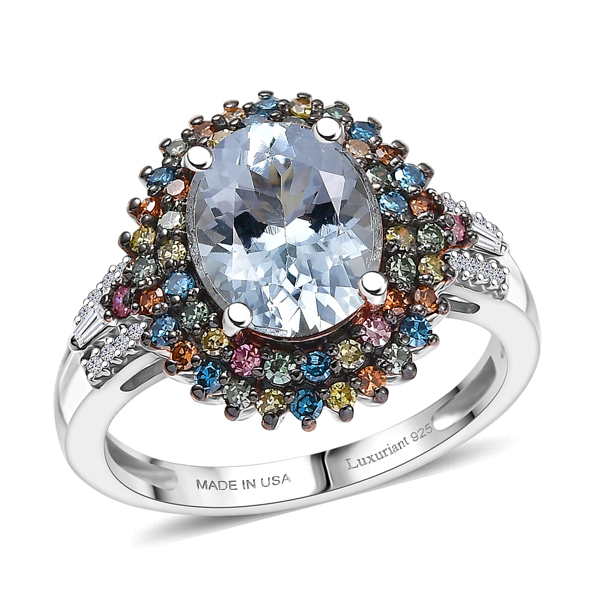 Premium Mangoro Aquamarine, Luxuriant Lab Grown Multi Diamond (SI) Ring in Rhodium Over Sterling Silver (Size 10.0) 2.75 ctw