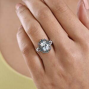 Premium Mangoro Aquamarine and Luxuriant Lab Grown Multi Diamond SI 2.75 ctw Floral Fiesta Ring in Rhodium Over Sterling Silver (Size 7.0) (Del. in 5-7 Days)