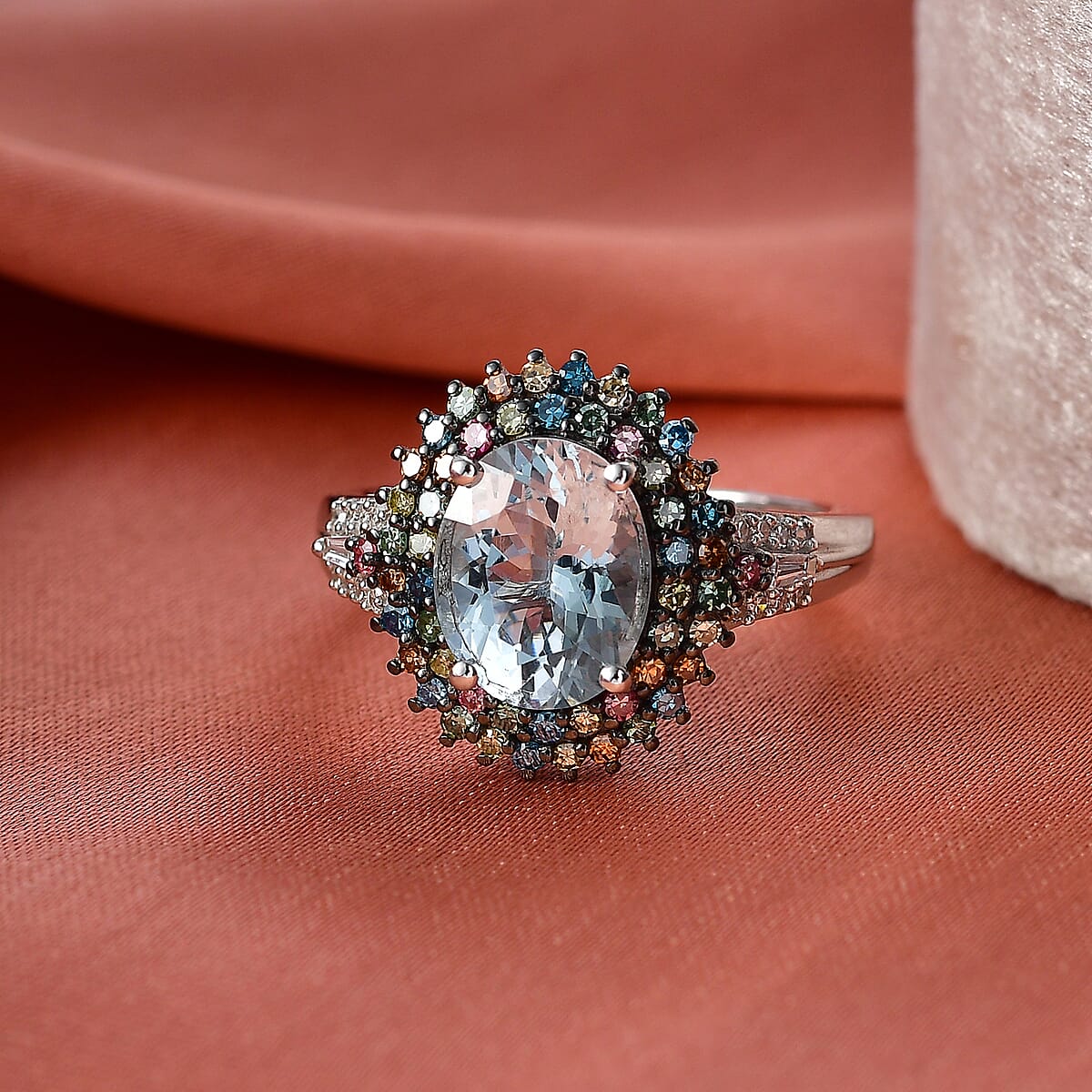 Premium Mangoro Aquamarine and Luxuriant Lab Grown Multi Diamond SI 2.75 ctw Floral Fiesta Ring in Rhodium Over Sterling Silver (Size 8.0) image number 1