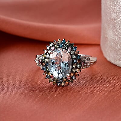 Premium Mangoro Aquamarine and Luxuriant Lab Grown Multi Diamond SI 2.75 ctw Floral Fiesta Ring in Rhodium Over Sterling Silver (Size 8.0)