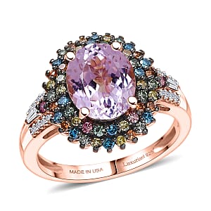 Premium Martha Rocha Kunzite and Luxuriant Lab Grown Multi Color Diamond SI 4.20 ctw Floral Fiesta Ring in 18K Vermeil RG Over Sterling Silver (Size 10.0)