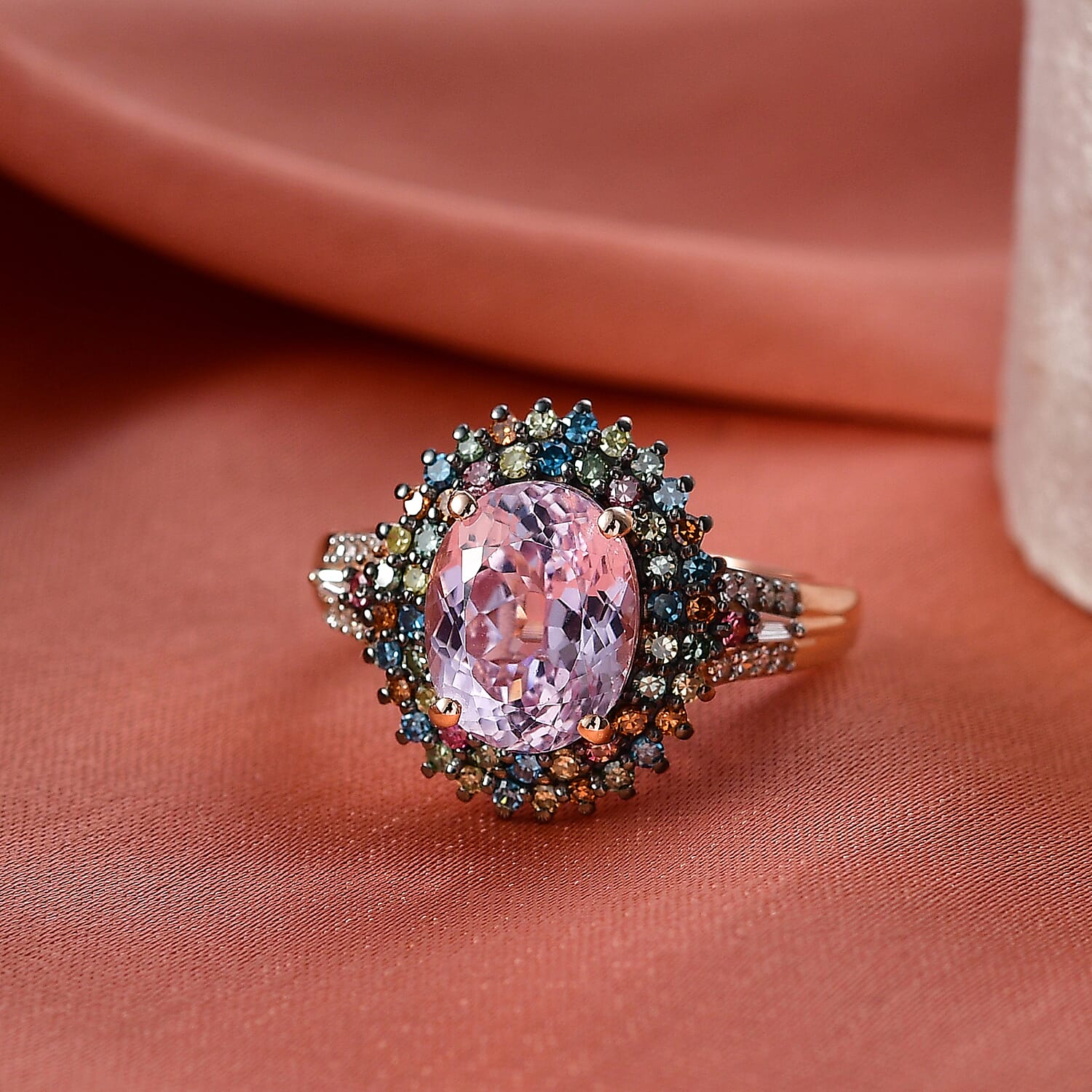Premium Martha Rocha Kunzite and Luxuriant Lab Grown Multi Color Diamond SI 4.20 ctw Floral Fiesta Ring in 18K Vermeil RG Over Sterling Silver (Size 10.0)