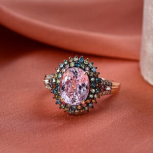 Premium Martha Rocha Kunzite and Luxuriant Lab Grown Multi Color Diamond SI 4.20 ctw Floral Fiesta Ring in 18K Vermeil RG Over Sterling Silver (Size 10.0)
