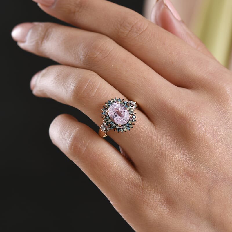 Premium Martha Rocha Kunzite and Luxuriant Lab Grown Multi Color Diamond SI 4.20 ctw Floral Fiesta Ring in 18K Vermeil RG Over Sterling Silver (Size 10.0)