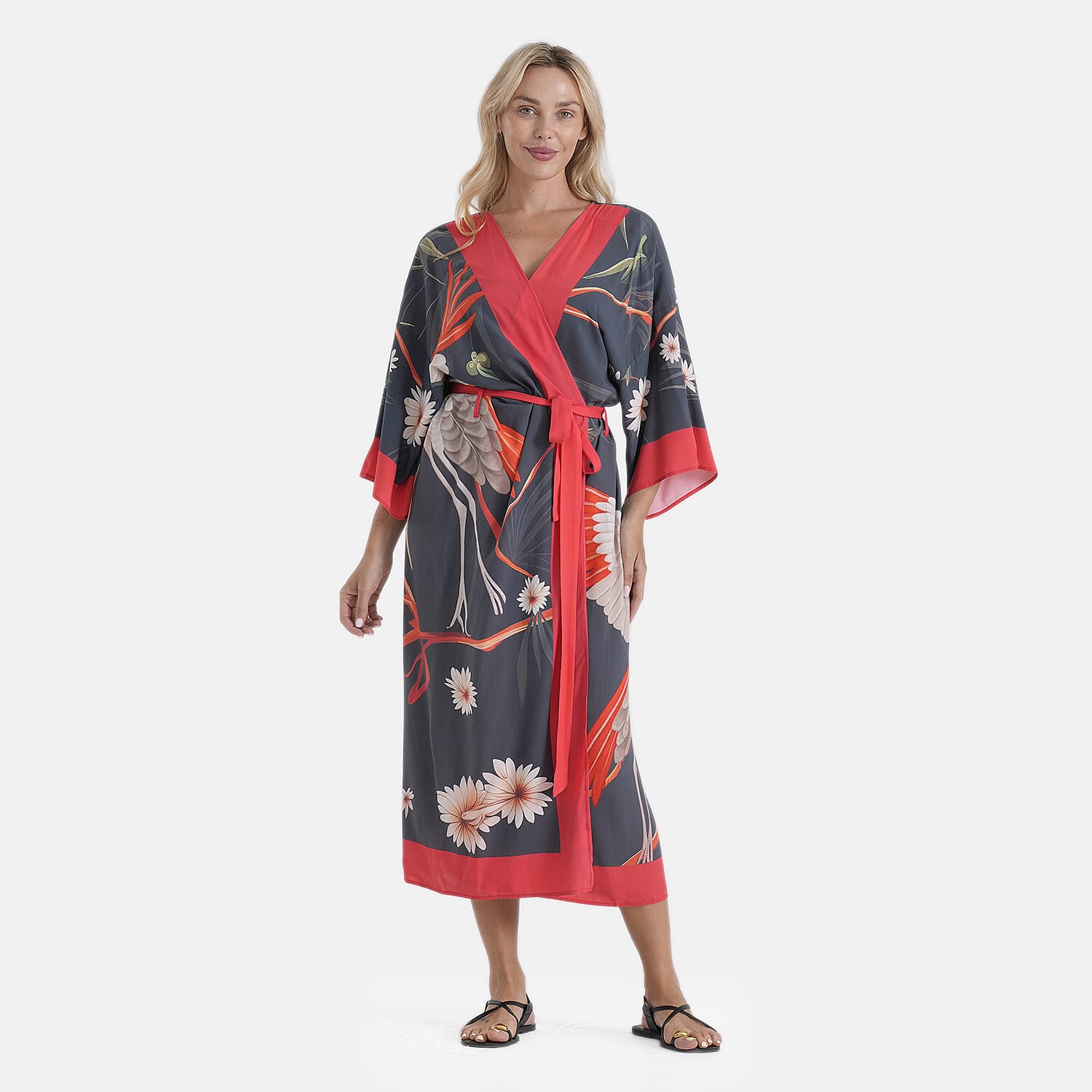 LA MAREY Dark Gray with Red Crane Placement Print Kimono - One Size Fit Most