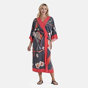 TLV LA MAREY Dark Gray with Red Crane Placement Print Kimono One Size Fit Most