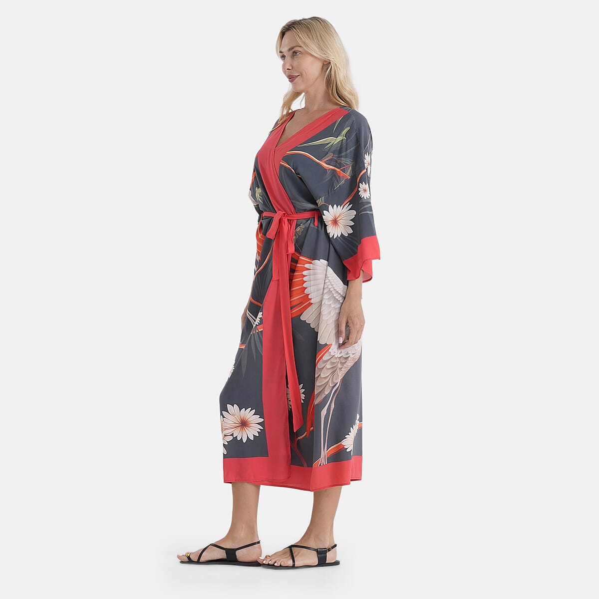 LA MAREY Dark Gray with Red Crane Placement Print Kimono - One Size Fit Most image number 3