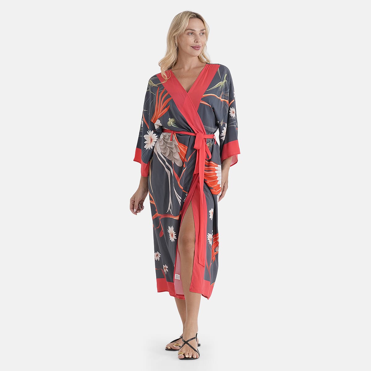 LA MAREY Dark Gray with Red Crane Placement Print Kimono - One Size Fit Most image number 4