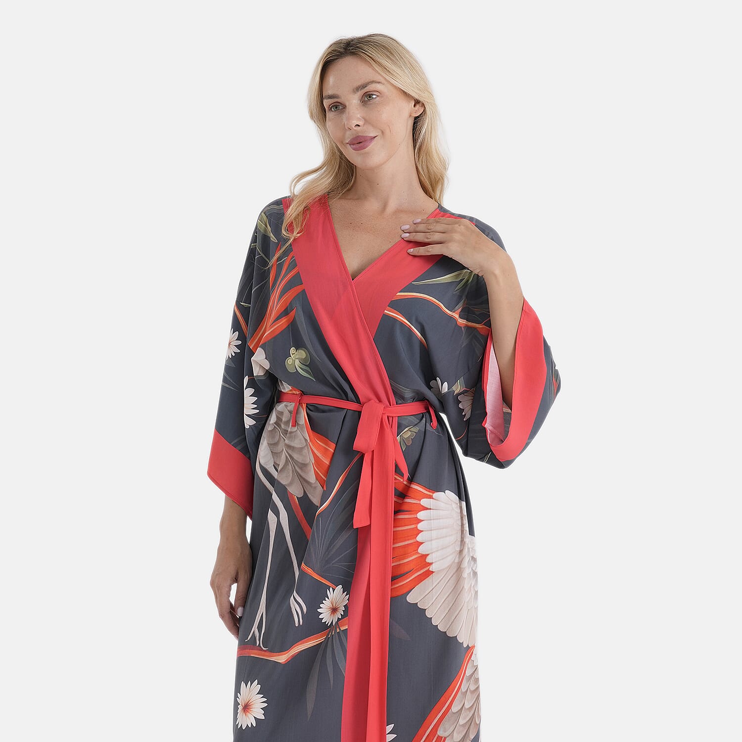 LA MAREY Dark Gray with Red Crane Placement Print Kimono - One Size Fit Most