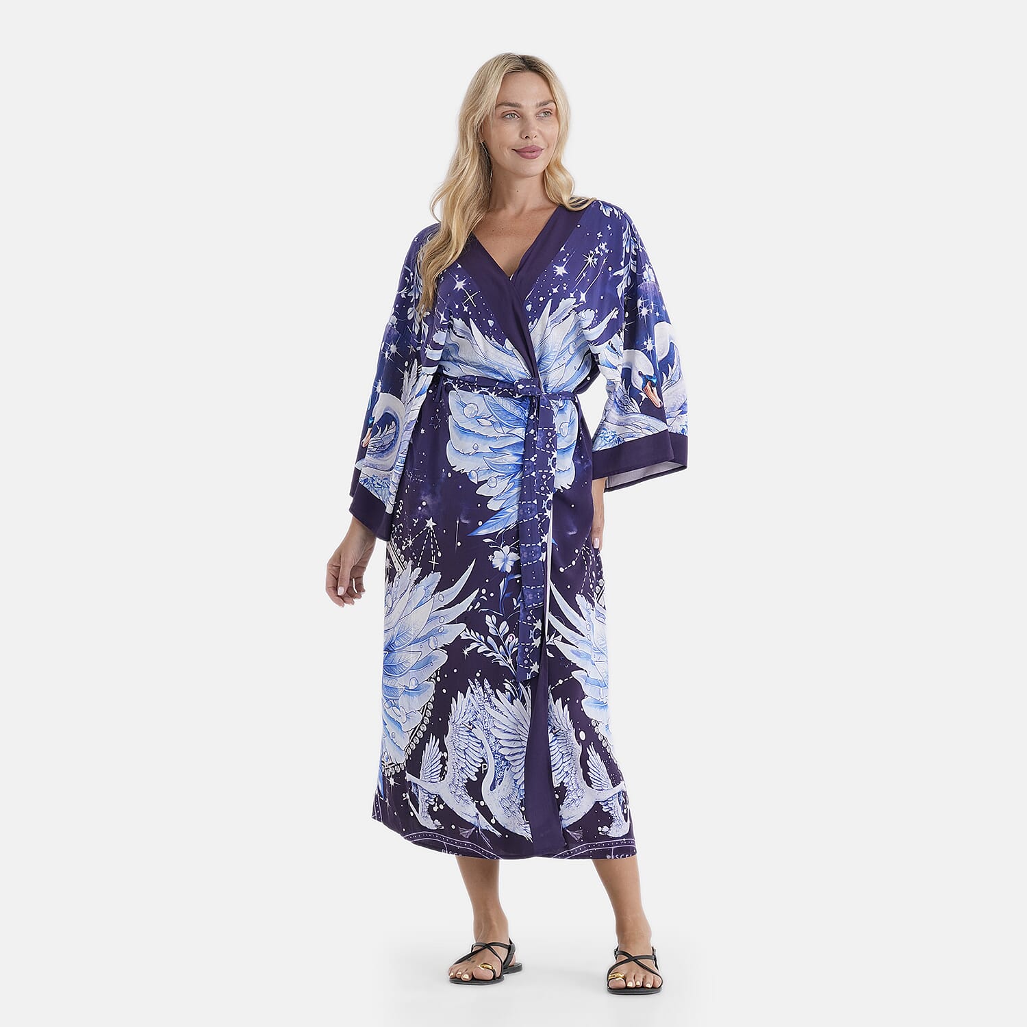 LA MAREY Dark Gray with Red Crane Placement Print Kimono One Size Fit Most