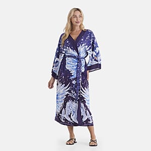 TLV LA MAREY Purple with Midnight Swansn Placement Print Kimono One Size Fit Most