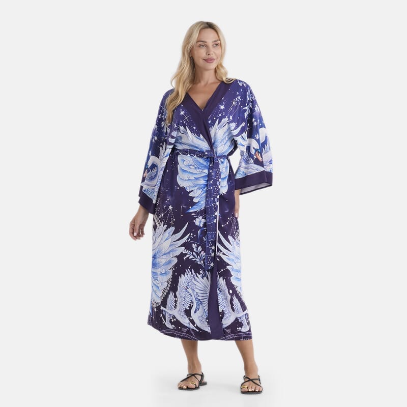 LA MAREY Indigo with Midnight Swansn Placement Print Kimono - One Size Fit Most
