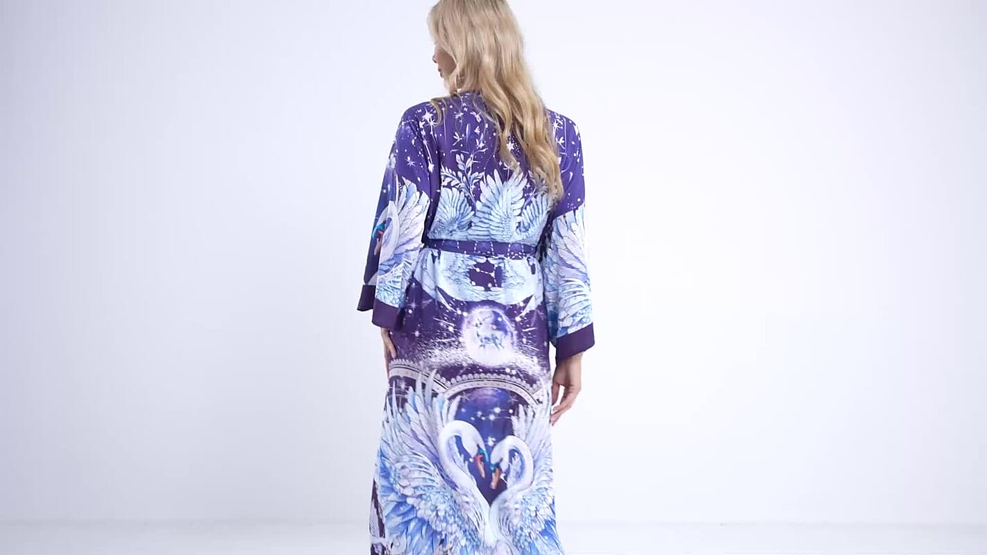LA MAREY Dark Gray with Red Crane Placement Print Kimono One Size Fit Most