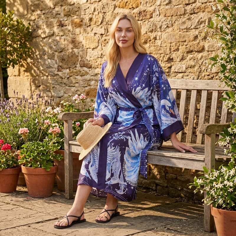 LA MAREY Indigo with Midnight Swansn Placement Print Kimono - One Size Fit Most