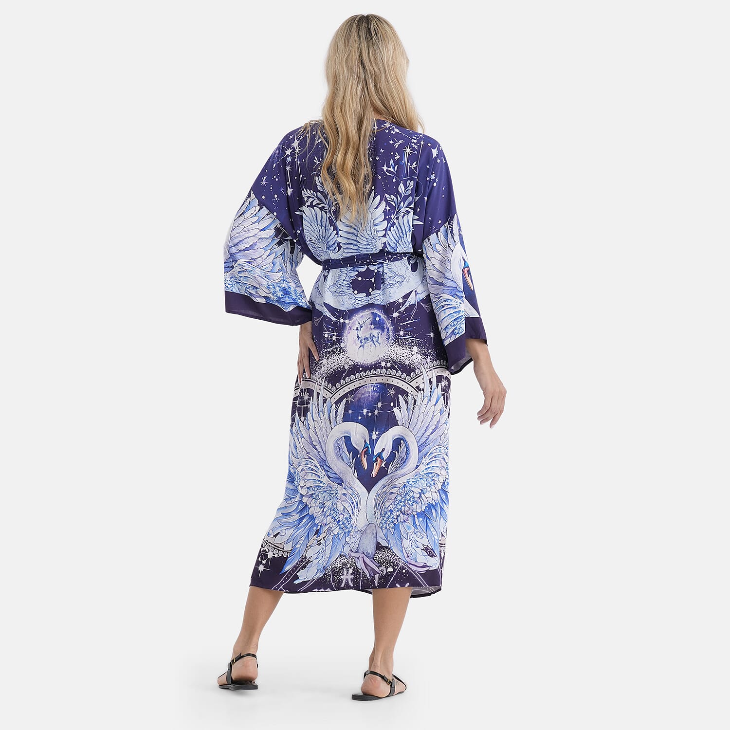 LA MAREY Indigo with Midnight Swansn Placement Print Kimono - One Size Fit Most