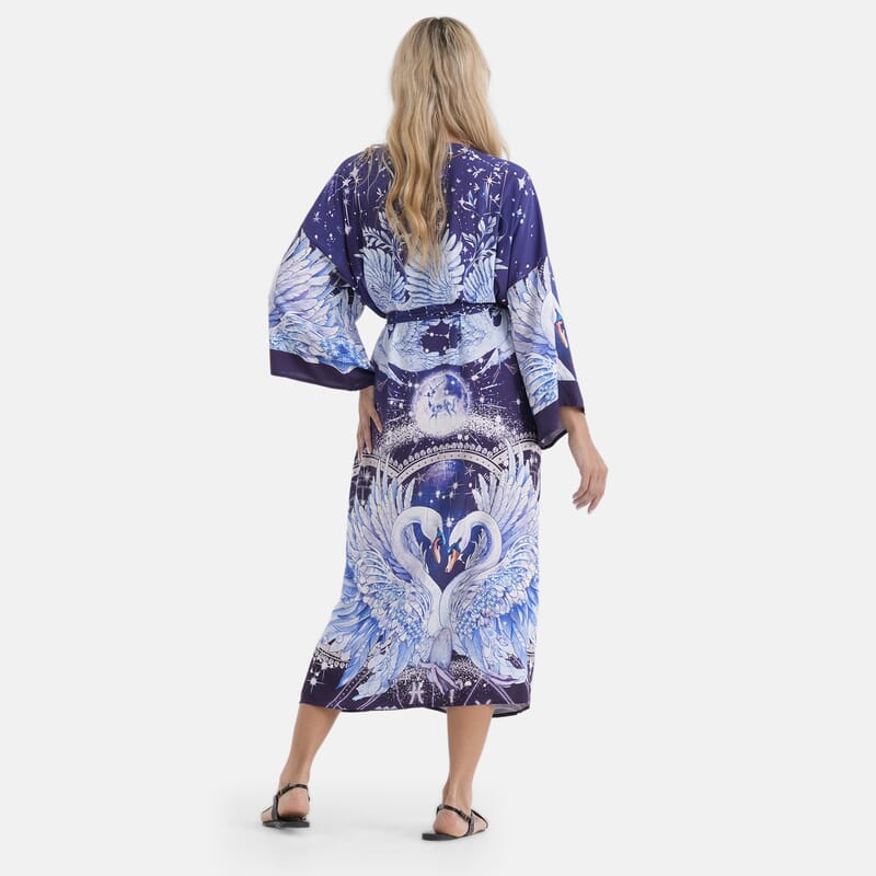 LA MAREY Indigo with Midnight Swansn Placement Print Kimono - One Size Fit Most