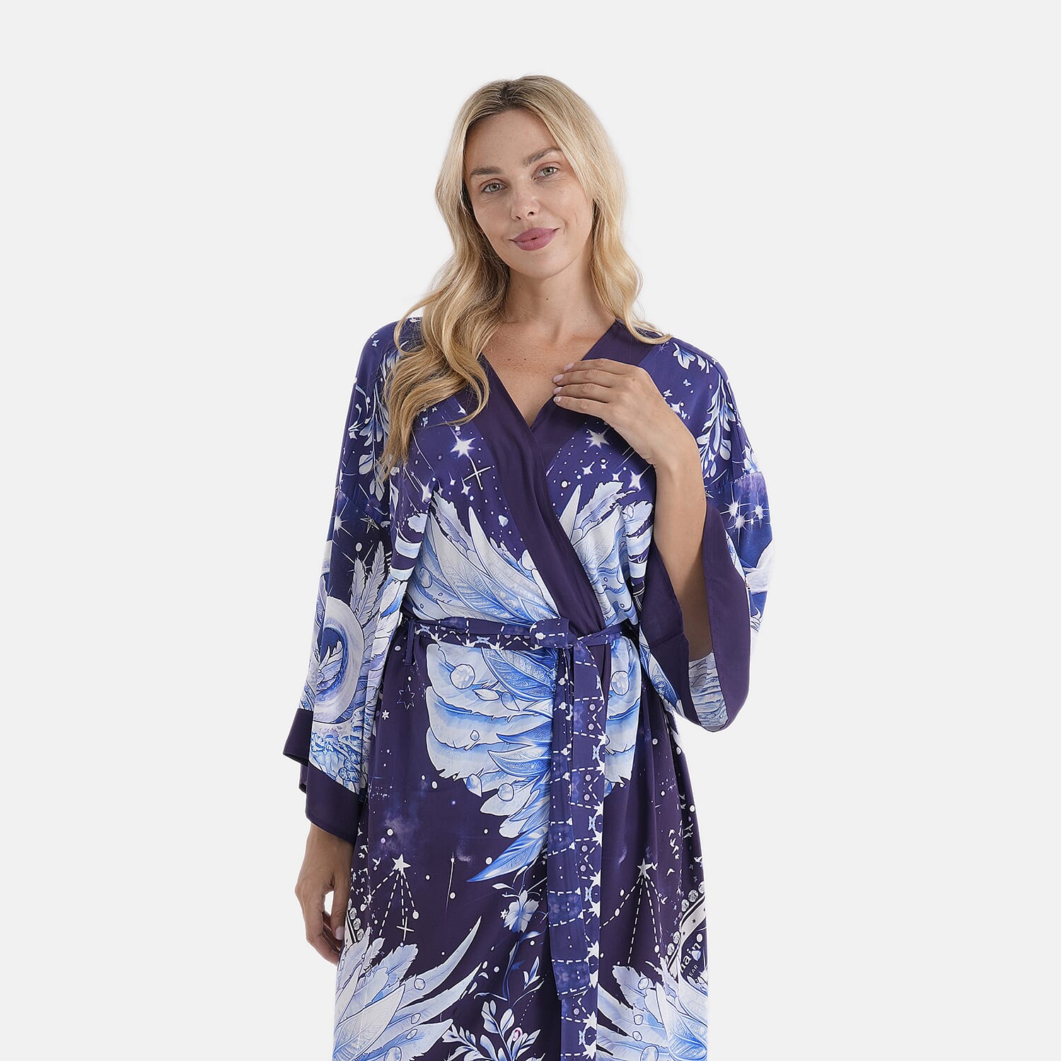 LA MAREY Indigo with Midnight Swansn Placement Print Kimono - One Size Fit Most