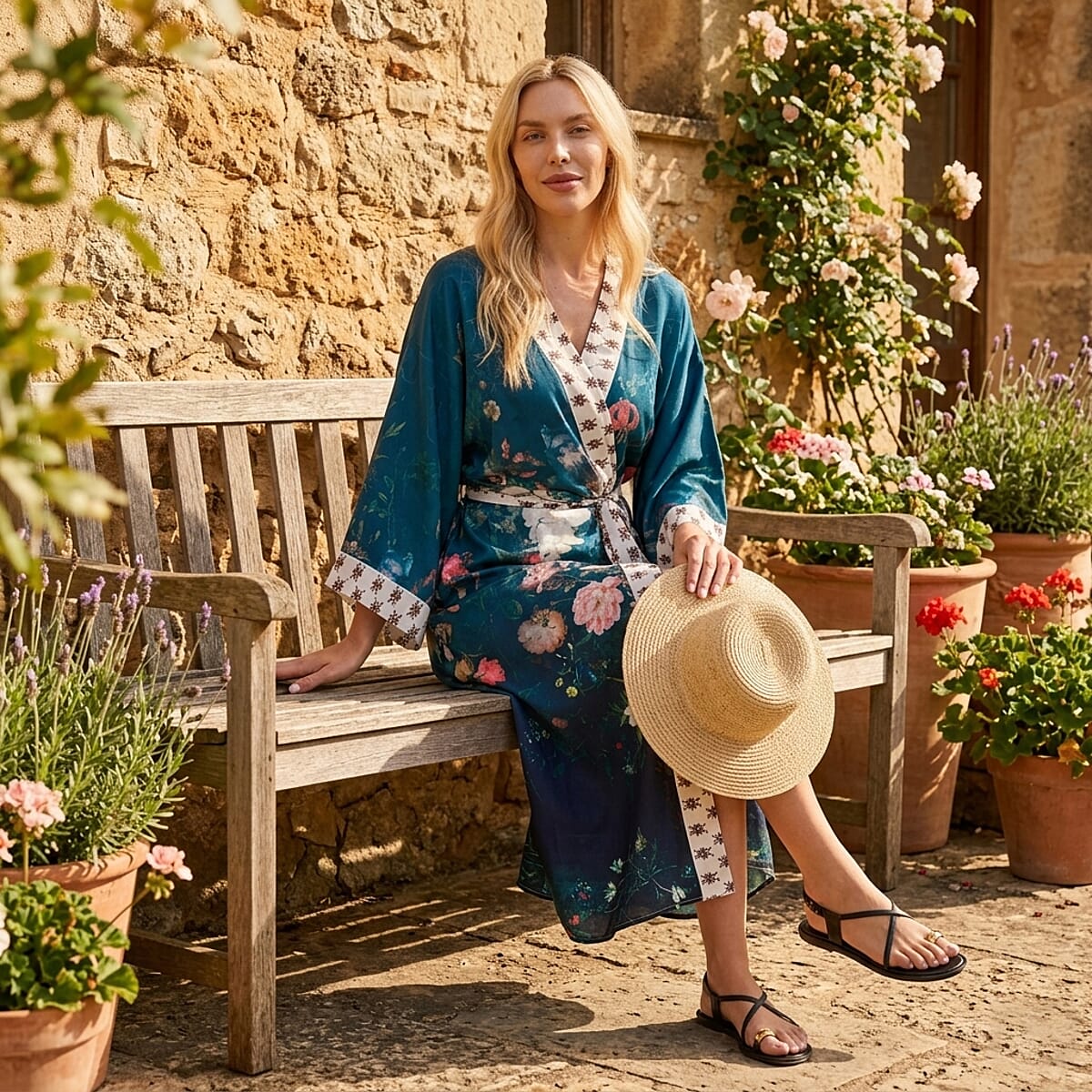 LA MAREY Navy Floral Placement Print Kimono - One Size Fit Most image number 1