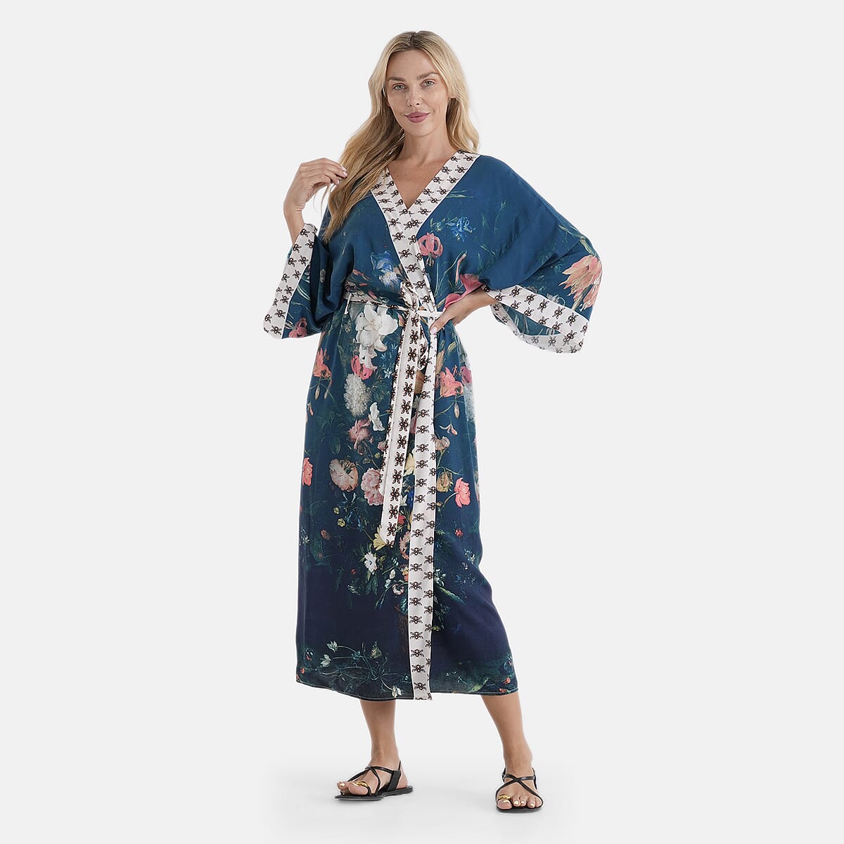 LA MAREY Navy Floral Placement Print Kimono - One Size Fit Most image number 3