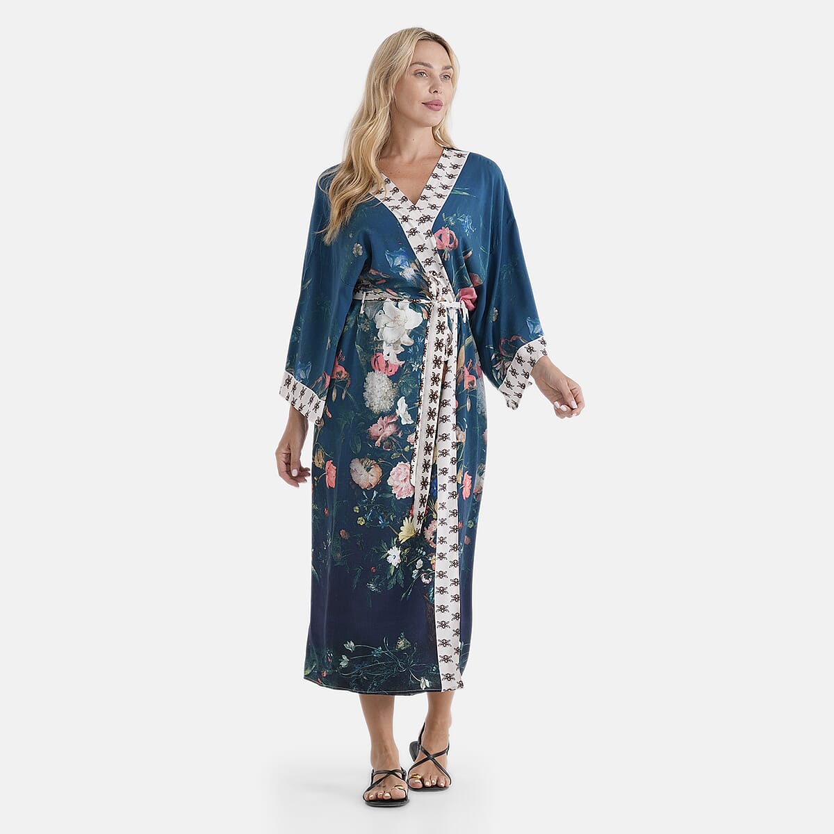 LA MAREY Navy Floral Placement Print Kimono - One Size Fit Most image number 4