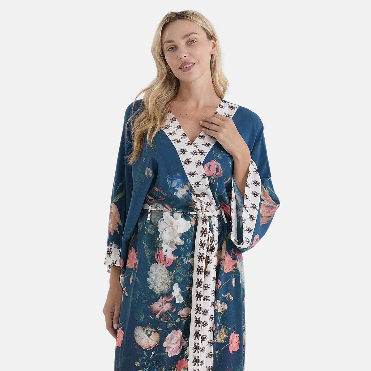 LA MAREY Navy Floral Placement Print Kimono - One Size Fit Most image number 5